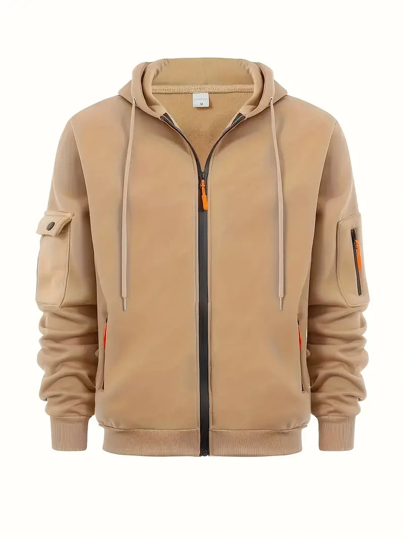 Men's Utility Zip-Up Hoodie with Drawstring Hood & Functional Pockets - Stylish & Versatile Outerwear