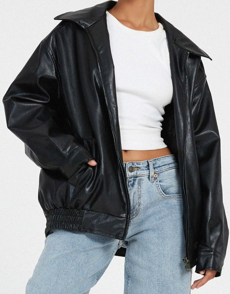 Trendy Oversized Women's Faux Leather Jacket - Stylish & Comfortable Outerwear