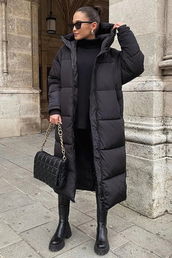 Women's High Neck Hooded Long Quilted Puffer Coat - Warm Winter Jacket
