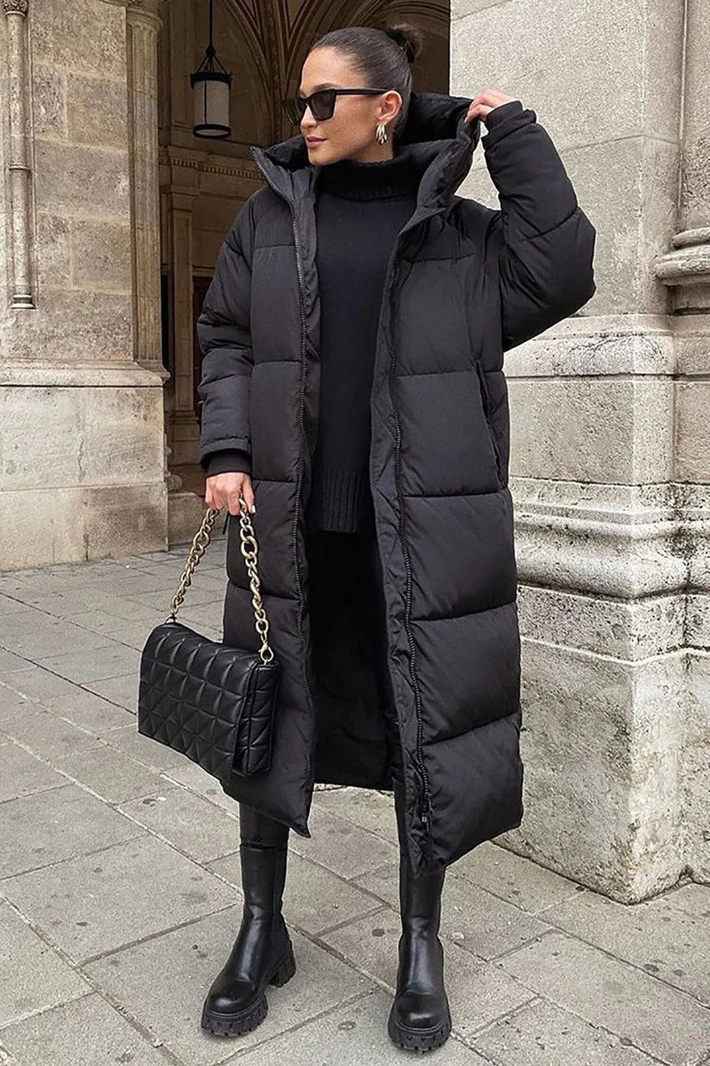 Women's High Neck Hooded Long Quilted Puffer Coat - Warm Winter Jacket