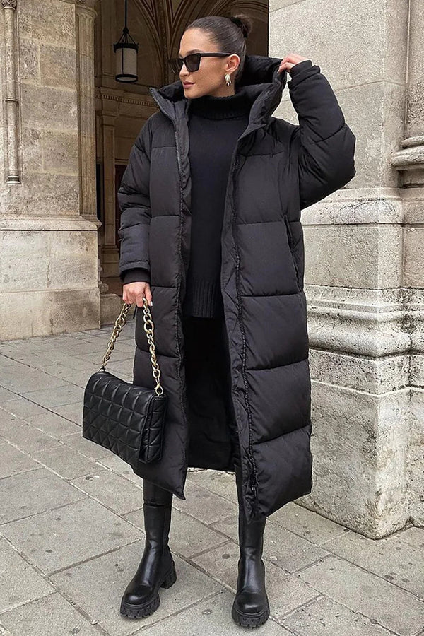 Women's High Neck Hooded Long Quilted Puffer Coat - Stylish & Warm Winter Jacket