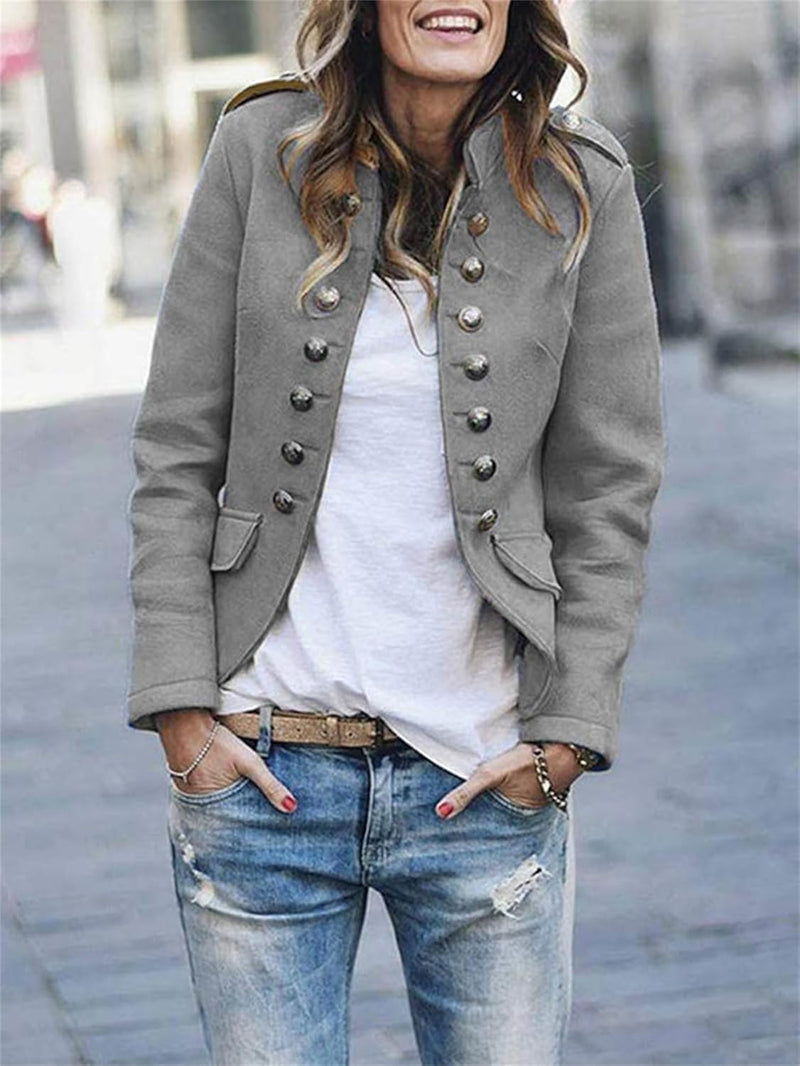 Women's Structured Military Jacket with Button Front & Epaulettes - Hip Length Fashion Outerwear