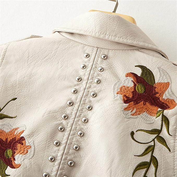 Stylish Women's Embroidered Leather Jacket with Studs - Trendy Fashion Outerwear