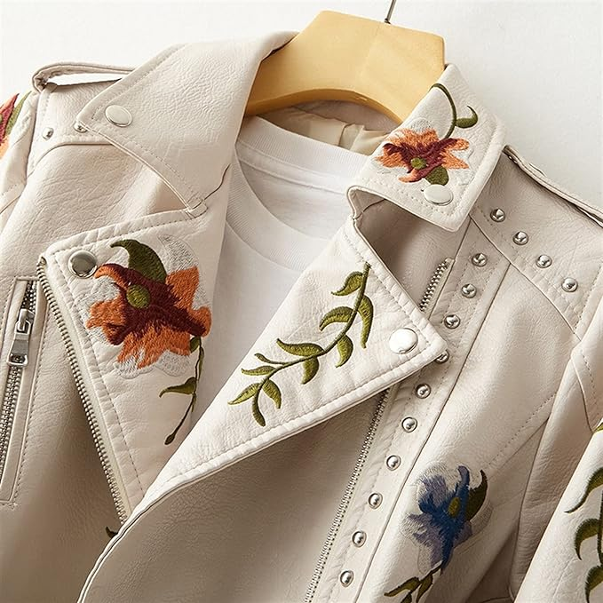 Stylish Women's Embroidered Leather Jacket with Studs - Trendy Fashion Outerwear