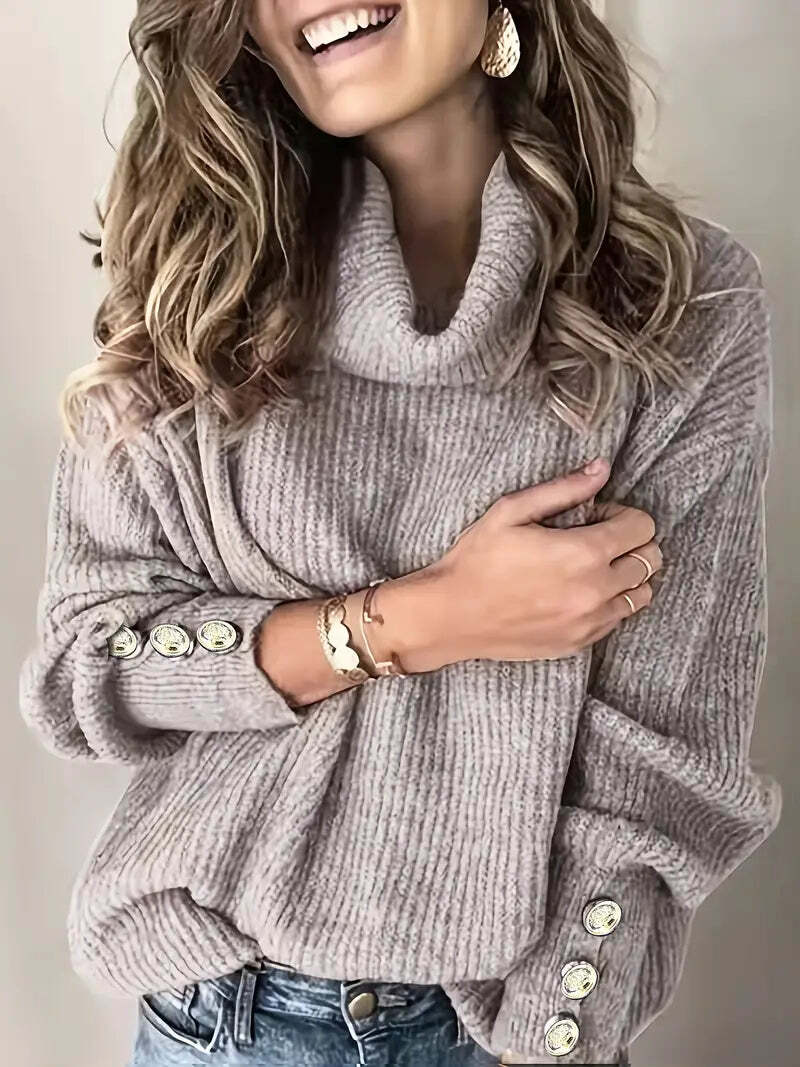 Women's Relaxed Fit Turtleneck Jumper with Button Sleeve Detail - Cozy Knit Sweater
