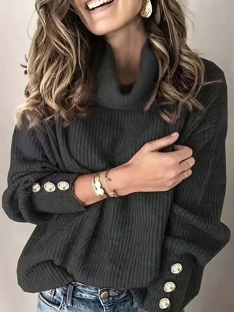 Women's Relaxed Fit Turtleneck Jumper with Button Sleeve Detail - Cozy Knit Sweater