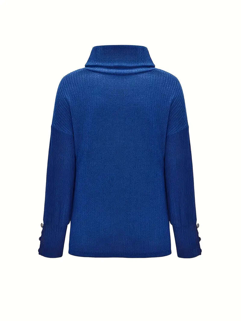Women's Relaxed Fit Turtleneck Jumper with Button Sleeve Detail - Cozy Knit Sweater