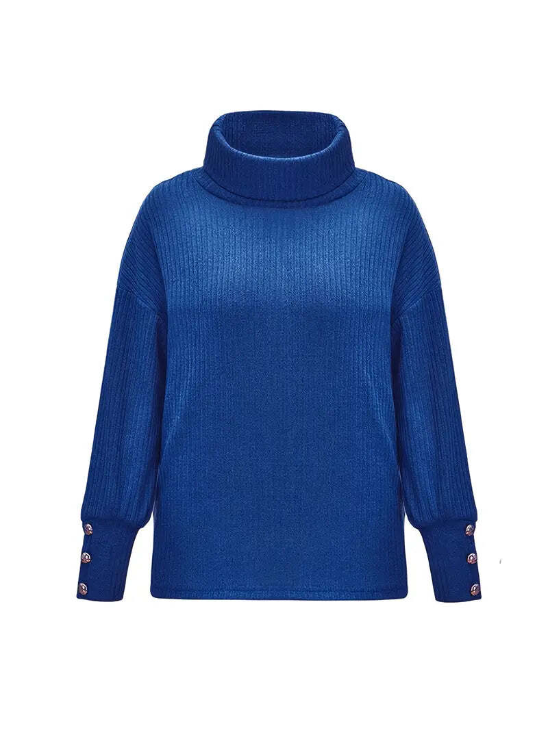 Women's Relaxed Fit Turtleneck Jumper with Button Sleeve Detail - Cozy Knit Sweater