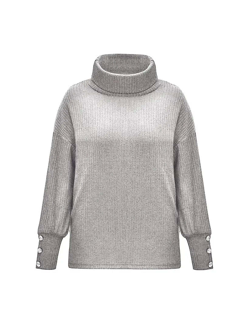 Women's Relaxed Fit Turtleneck Jumper with Button Sleeve Detail - Cozy Knit Sweater