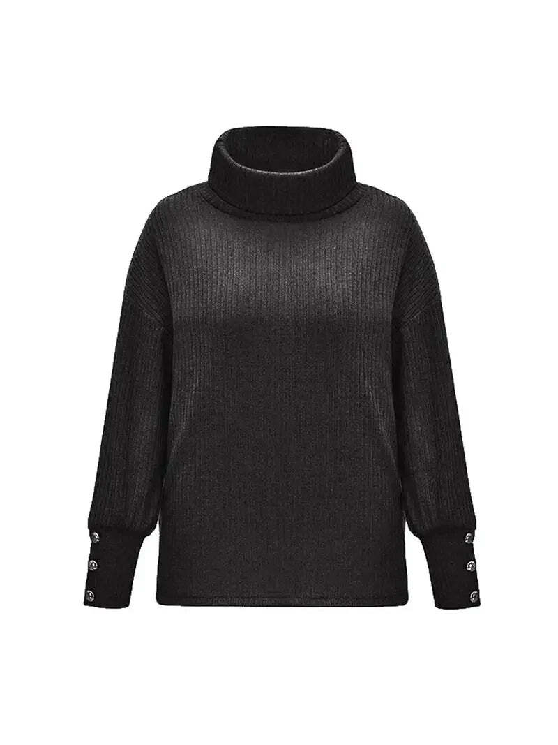 Women's Relaxed Fit Turtleneck Jumper with Button Sleeve Detail - Cozy Knit Sweater