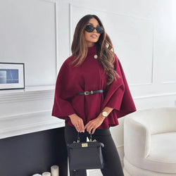 Stylish Women's High Neck Cape Coat with Belted Waist - Elegant Outerwear for Fall & Winter