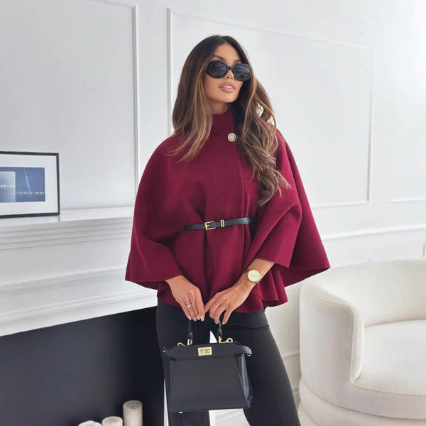 Stylish Women's High Neck Cape Coat with Belted Waist - Elegant Outerwear for Fall & Winter