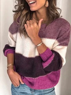 Women's Relaxed Fit Striped Pullover Sweater - Cozy Knit Long Sleeve Top
