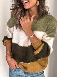 Women's Relaxed Fit Striped Pullover Sweater - Cozy Knit Long Sleeve Top