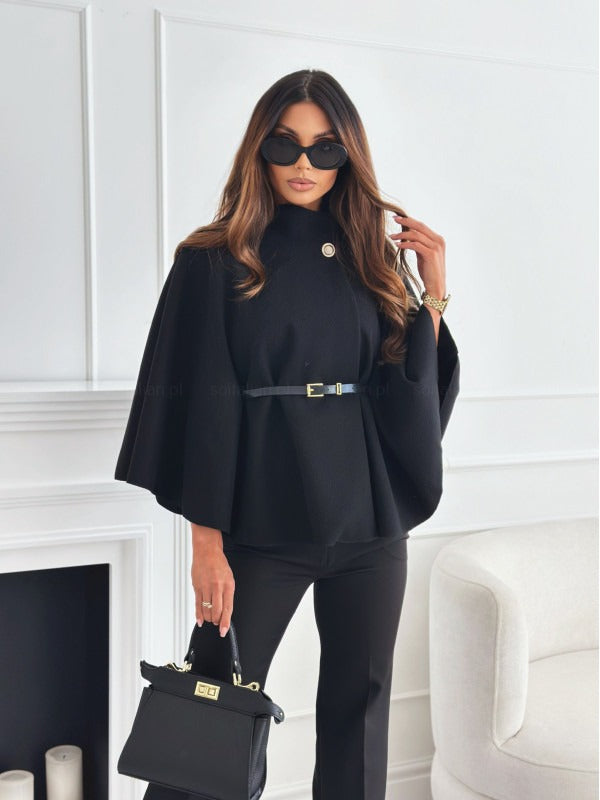 Stylish Women's High Neck Cape Coat with Belted Waist - Elegant Outerwear for Fall & Winter