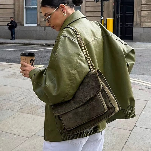 Women's Oversized Zip Front Jacket with Flap Pockets - Stylish & Comfortable Outerwear