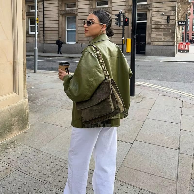 Women's Oversized Zip Front Jacket with Flap Pockets - Stylish & Comfortable Outerwear