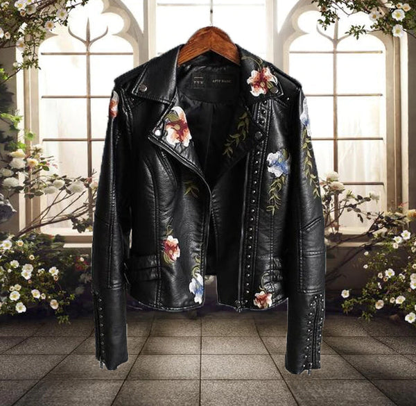 Stylish Women's Floral Print Motorcycle Jacket - Trendy Biker Outerwear for Women