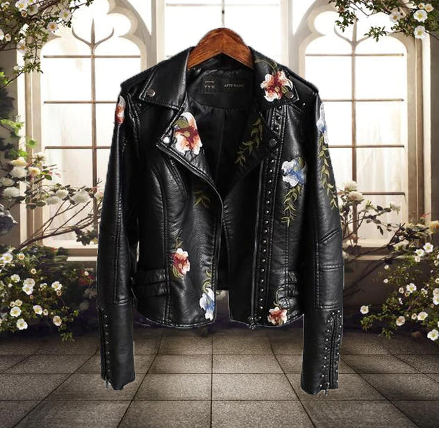Stylish Women's Floral Print Motorcycle Jacket - Trendy Biker Outerwear for Women