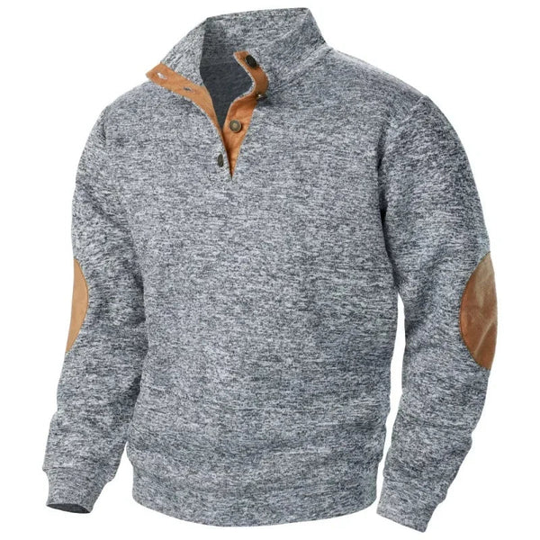 Men's Stand Collar Button Neck Jumper with Elbow Patches - Stylish Knit Sweater for Casual Wear