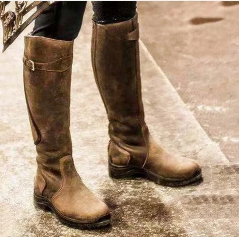Women's Knee-High Waterproof Boots with Buckle Strap & Non-Slip Grip Sole - Stylish & Durable Footwear for All Weather