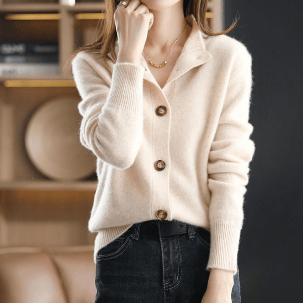 Women's Classic Lapel Collar Knit Button-Up Cardigan - Stylish & Comfortable Knitwear
