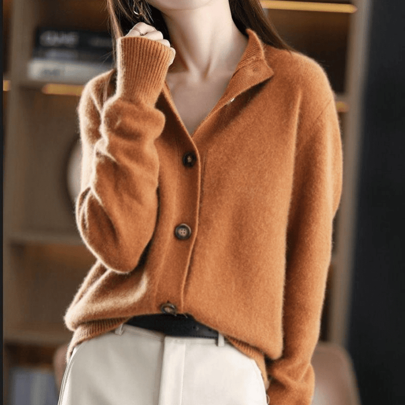 Women's Classic Lapel Collar Knit Button-Up Cardigan - Stylish & Comfortable Knitwear