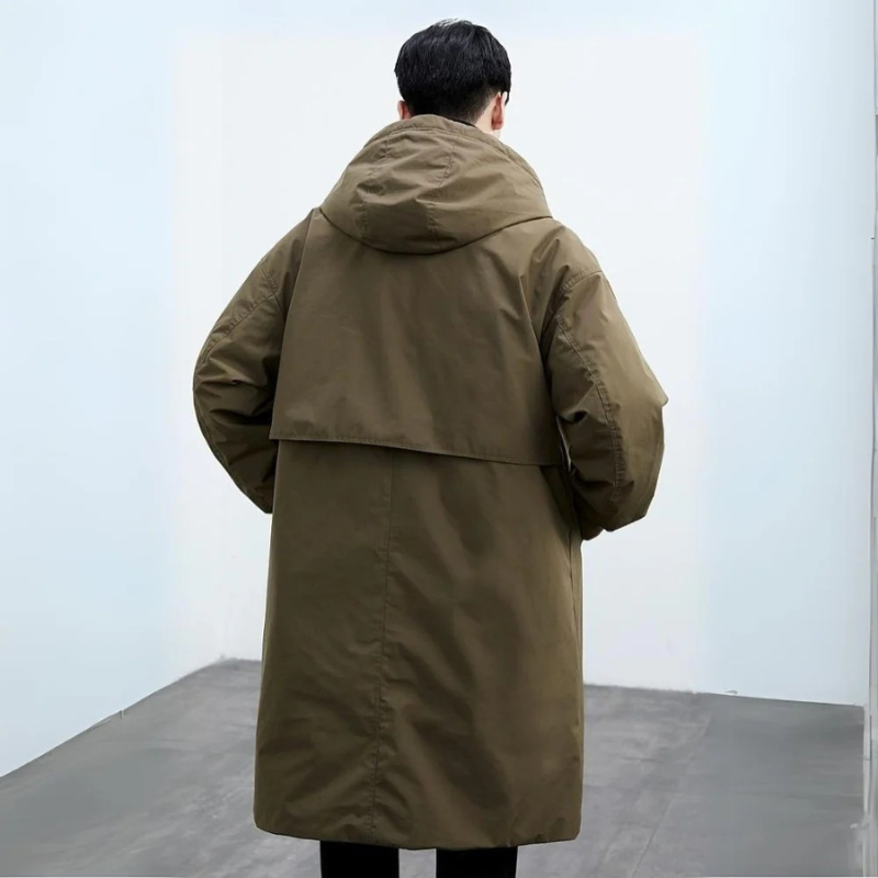 Men's Waterproof Long Puffer Trench Coat with Hood - Stylish & Warm Winter Outerwear