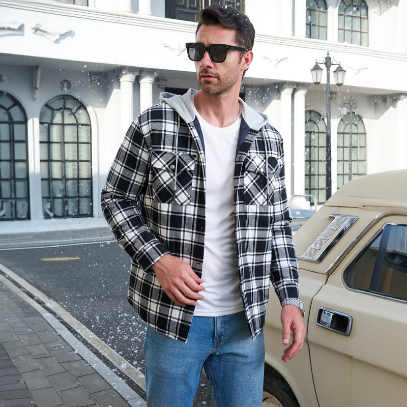 Men's Quilted Flannel Jacket with Hood - Warm, Stylish & Casual Outerwear for Cold Weather
