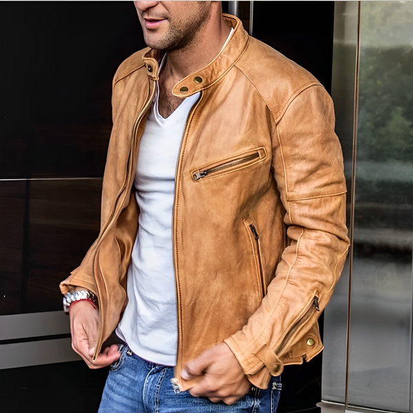 Men's Vintage Stand-Up Collar PU Leather Jacket - Stylish Retro Design, Durable & Comfortable Outerwear