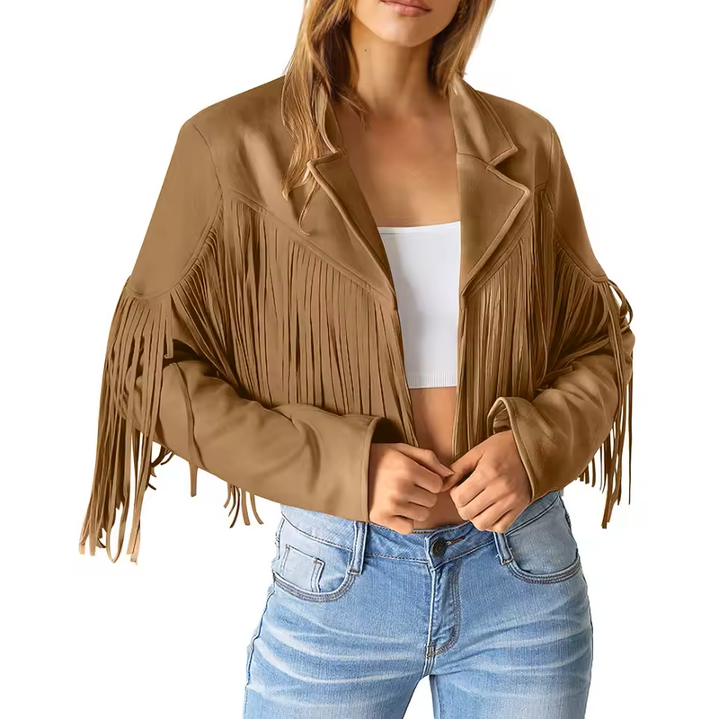 Stylish Women's Suede Fringed Jacket - Boho Chic Outerwear for Fall & Winter