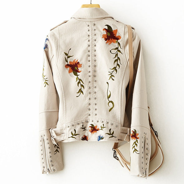 Stylish Women's Embroidered Leather Jacket with Studs - Trendy Fashion Outerwear