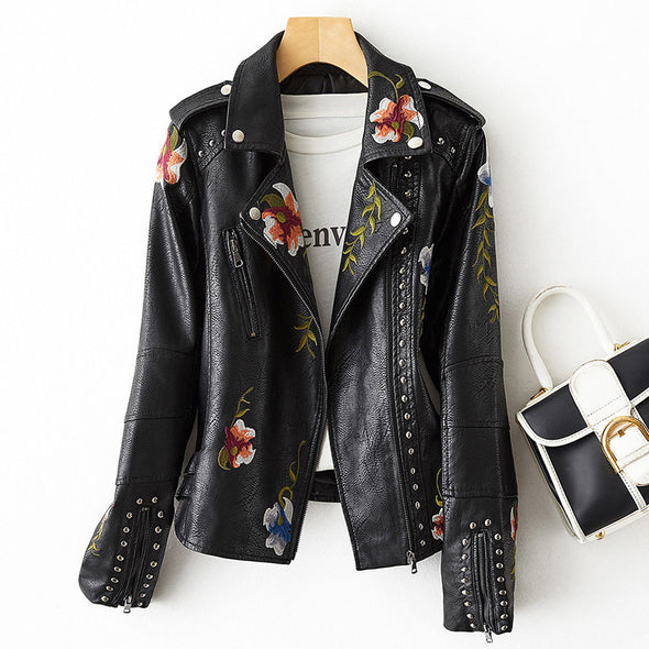 Stylish Women's Embroidered Leather Jacket with Studs - Trendy Fashion Outerwear