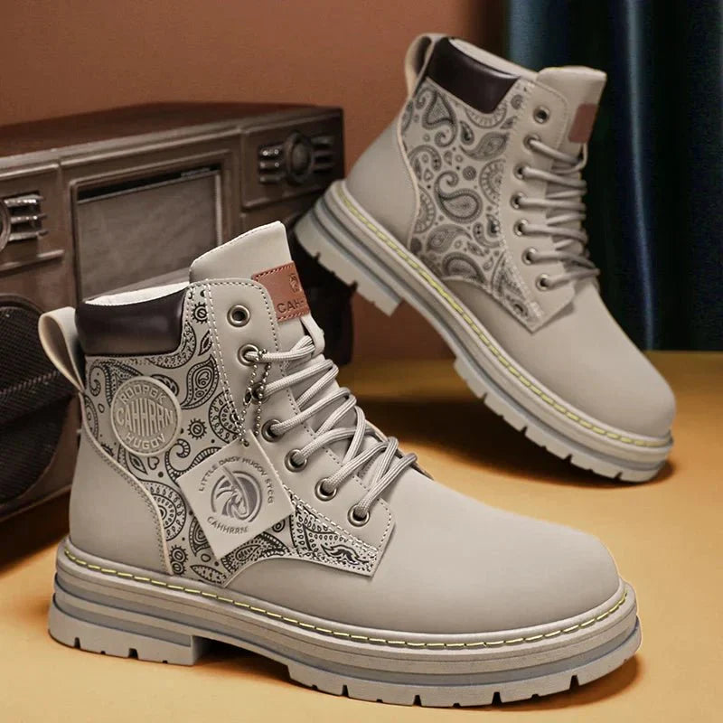 Men's Rugged Lace-Up Work Boots with Durable Sole and Stylish Patterned Side Design for Enhanced Comfort and Traction