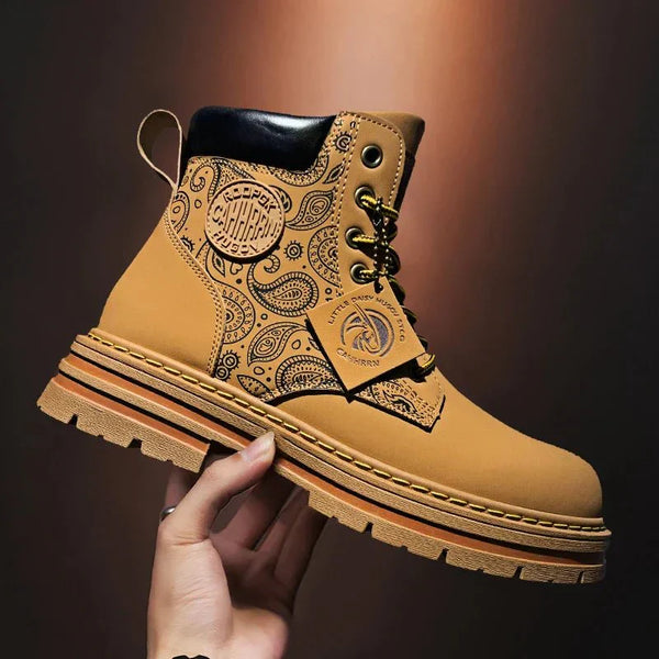 Men's Rugged Lace-Up Work Boots with Durable Sole and Stylish Patterned Side Design for Enhanced Comfort and Traction
