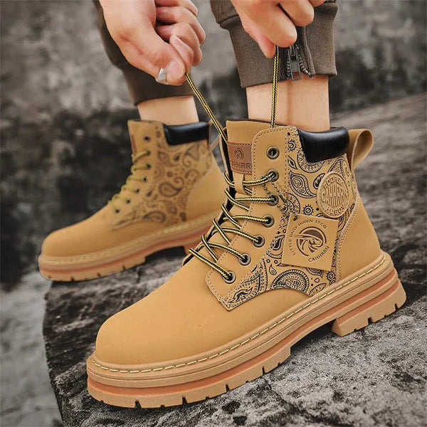 Men's Rugged Lace-Up Work Boots with Durable Sole and Stylish Patterned Side Design for Enhanced Comfort and Traction