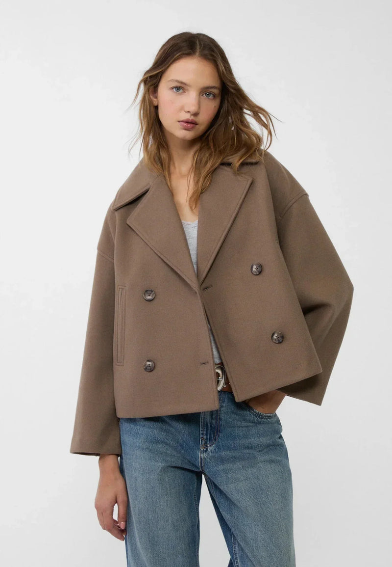 Women's Oversized Double-Breasted Wool-Look Jacket - Cropped Boxy Fit for Stylish Comfort