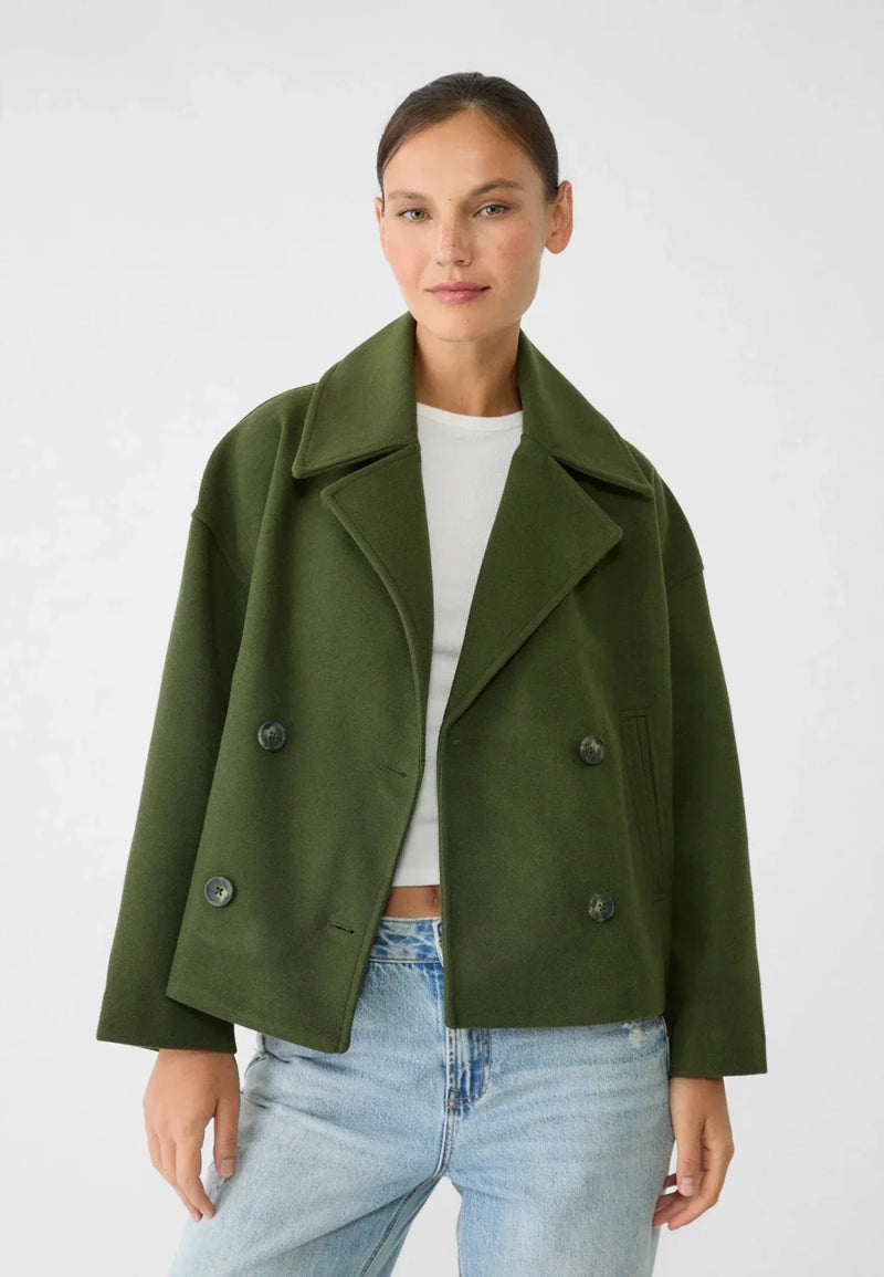 Women's Oversized Double-Breasted Wool-Look Jacket - Cropped Boxy Fit for Stylish Comfort