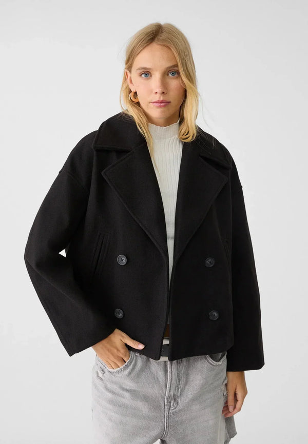 Women's Oversized Double-Breasted Wool-Look Jacket - Cropped Boxy Fit for Stylish Comfort