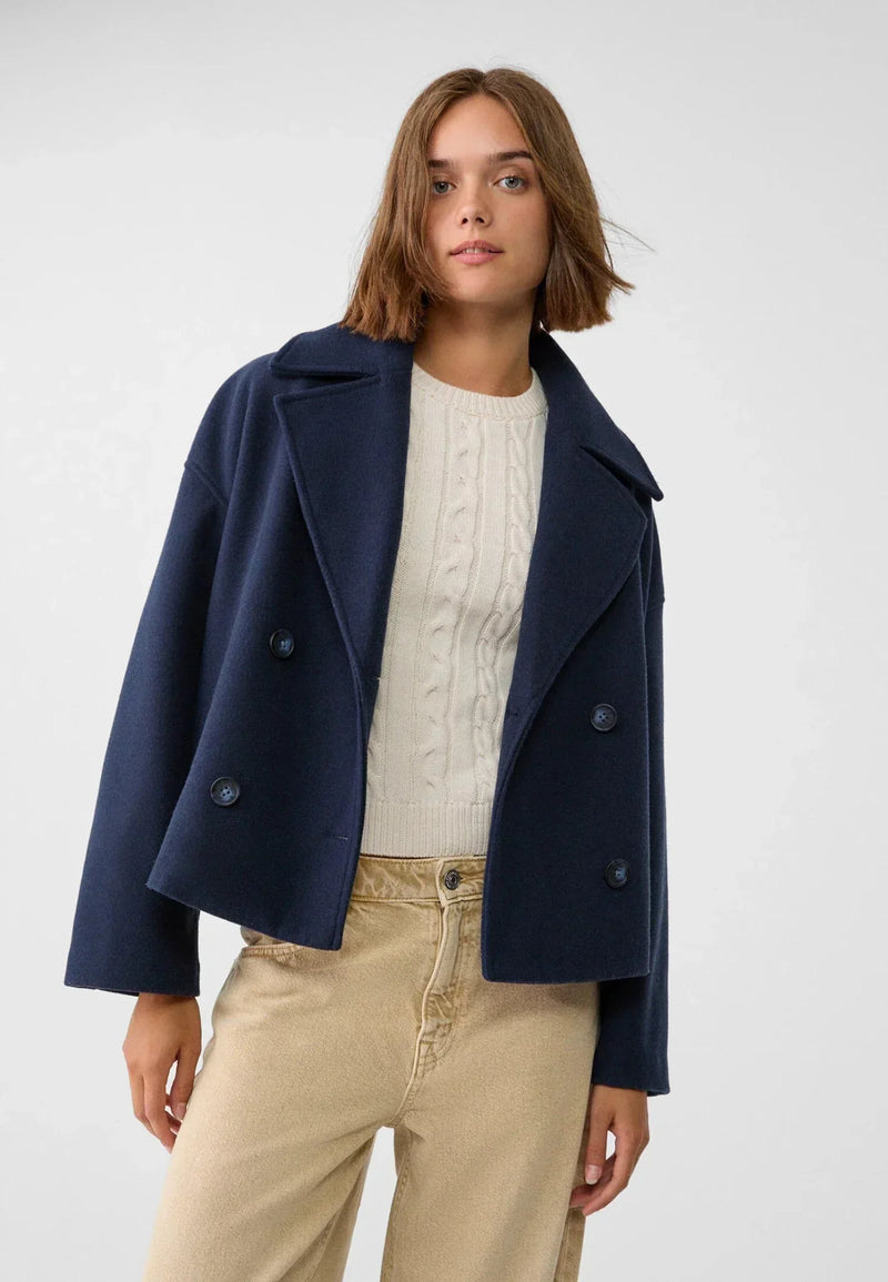 Women's Oversized Double-Breasted Wool-Look Jacket - Cropped Boxy Fit for Stylish Comfort