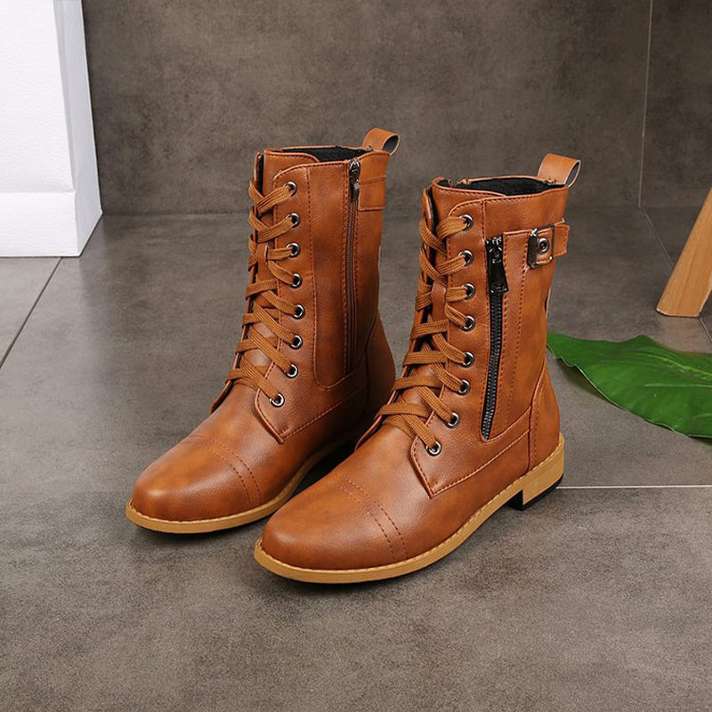 Women's Lace-Up Mid-Calf Boots with Side Zipper & Buckle Strap - Stylish & Comfortable Footwear for Every Occasion