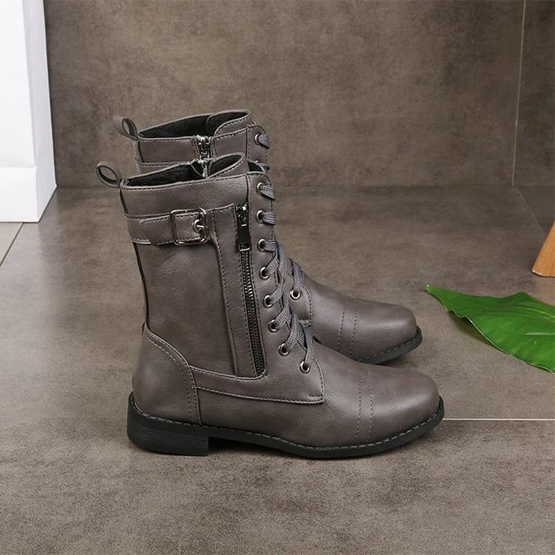 Women's Lace-Up Mid-Calf Boots with Side Zipper & Buckle Strap - Stylish & Comfortable Footwear for Every Occasion