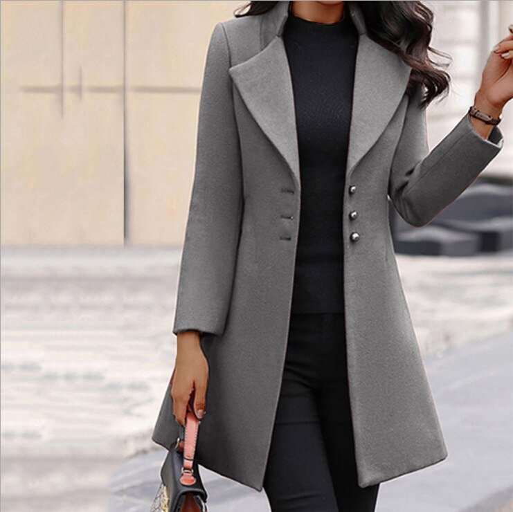 Women's Mid-Thigh Length Tailored Wool Blend Coat with Notched Lapel - Stylish Button-Up Outerwear