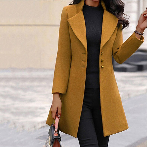 Women's Mid-Thigh Length Tailored Wool Blend Coat with Notched Lapel - Stylish Button-Up Outerwear