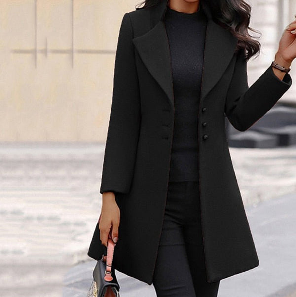 Women's Mid-Thigh Length Tailored Wool Blend Coat with Notched Lapel - Stylish Button-Up Outerwear