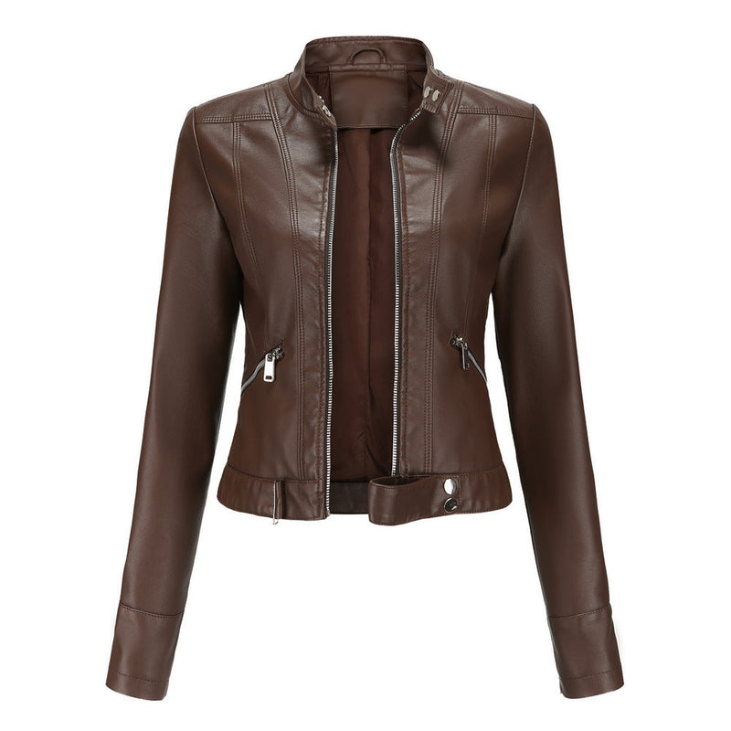 Stylish Women's Leather Jacket with Zip Closure, High Collar, and Adjustable Belt - Perfect for Any Season