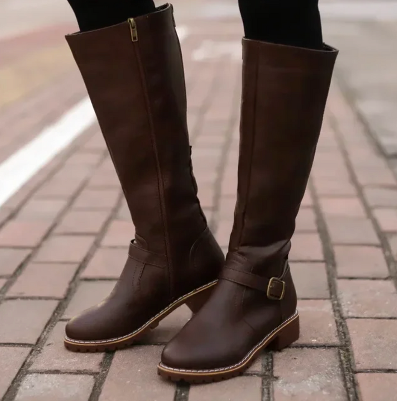Stylish Women's Knee High Boots with Buckle Strap & Comfortable Low Block Heel - Perfect for Any Occasion