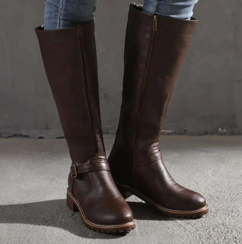 Stylish Women's Knee High Boots with Buckle Strap & Comfortable Low Block Heel - Perfect for Any Occasion