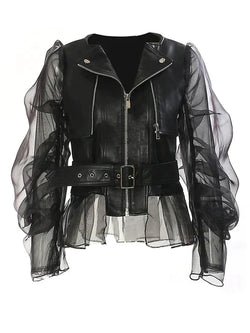Women's Faux Leather Jacket with Sheer Ruffled Sleeves, Belted Waist & Front Zip Closure - Stylish & Trendy Outerwear