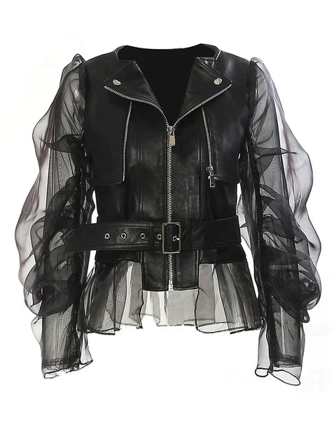 Women's Faux Leather Jacket with Sheer Ruffled Sleeves, Belted Waist & Front Zip Closure - Stylish & Trendy Outerwear